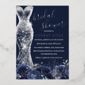 ネイビーシルバーきらめくドレスバラブライダルシャワー 箔招待状 (正面)