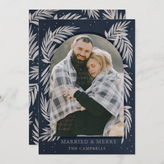 ネイビーシルバーアメリーーチボタニカルホリデーカード シーズンカード (正面/裏面)