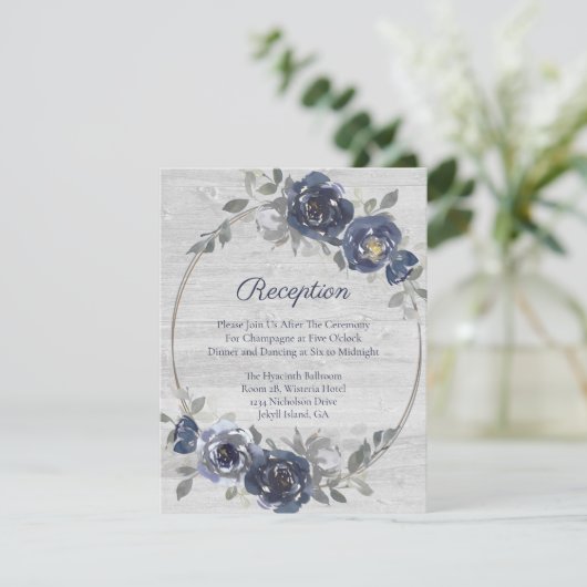ネイビーシルバーウォーターカラーフローラウェディングレセプション エンクロージャーカード (スタンド正面)
