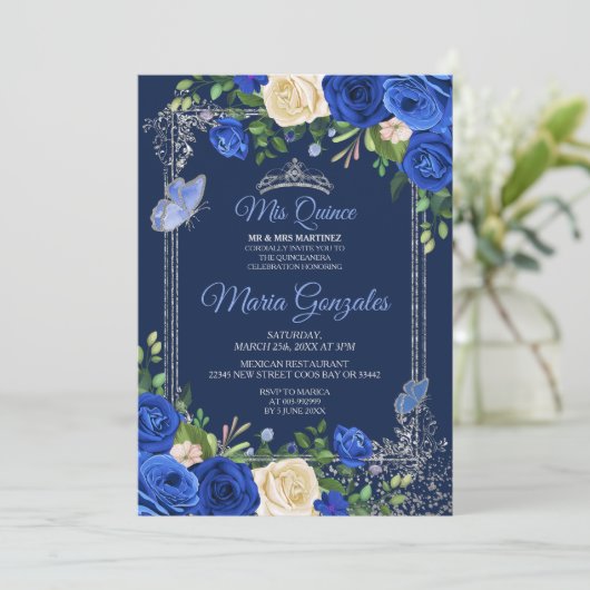 ネイビーシルバーキンセアニェラメキシコガール15誕生日 招待状 (スタンド正面)