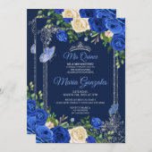 ネイビーシルバーキンセアニェラメキシコガール15誕生日 招待状 (正面/裏面)