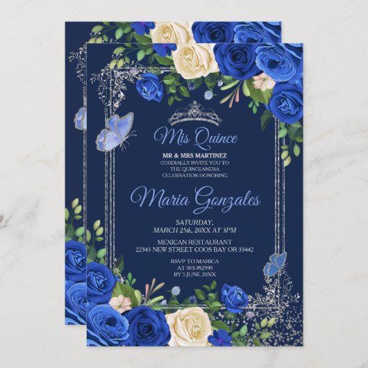 ネイビーシルバーキンセアニェラメキシコガール15誕生日 招待状 (正面/裏面)