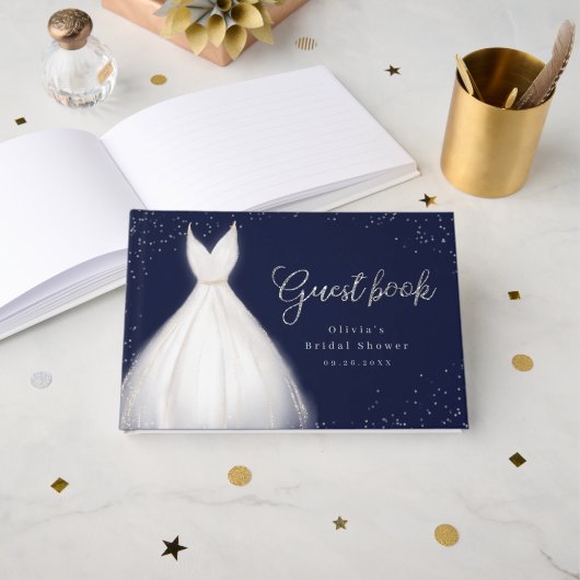 ネイビーシルバーグリッターエレガントドレスブライダルシャワー ゲストブック (正面見開き)