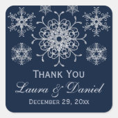 ネイビーシルバーグリッタールックスノーフレーク結婚のステッカー スクエアシール (正面)