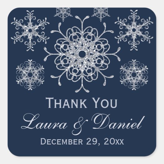 ネイビーシルバーグリッタールックスノーフレーク結婚のステッカー スクエアシール (正面)