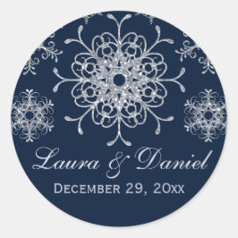 ネイビーシルバーグリッタールックスノーフレーク結婚のステッカー ラウンドシール