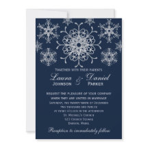 ネイビーシルバーグリッタールックスノーフレーク結婚式の招待