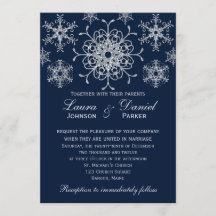 ネイビーシルバーグリッタールックスノーフレーク結婚式の招待