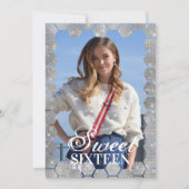 ネイビーシルバーグリッター六角形ジオ写真甘い16 招待状 (正面)