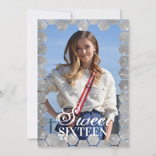 ネイビーシルバーグリッター六角形ジオ写真甘い16 招待状 (正面)