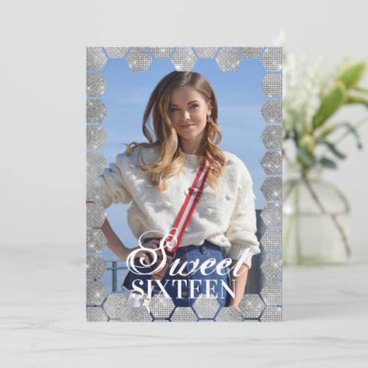 ネイビーシルバーグリッター六角形ジオ写真甘い16 招待状 (スタンド正面)