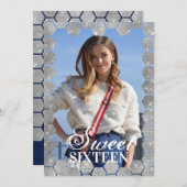 ネイビーシルバーグリッター六角形ジオ写真甘い16 招待状 (正面/裏面)