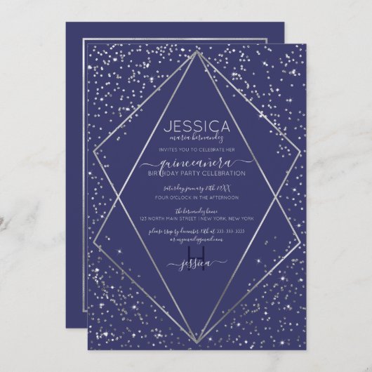 ネイビーシルバーグリッター紙吹雪テラウムクインセアニラ 招待状 (正面/裏面)