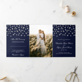 ネイビーシルバーグリッター紙吹雪結婚写真 三つ折りプログラム