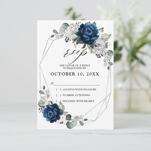 ネイビーシルバーシャンパンアイボリー幾何学ウェディング 出欠カード (スタンド正面)