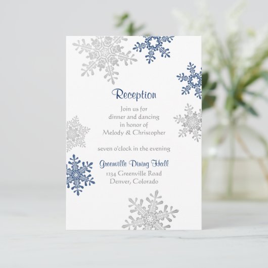 ネイビーシルバースノーフレークウィンターウェディング披露宴 エンクロージャーカード (スタンド正面)