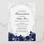 ネイビーシルバースパークルフラワーティアラキンセアニェラ 箔招待状 (正面)