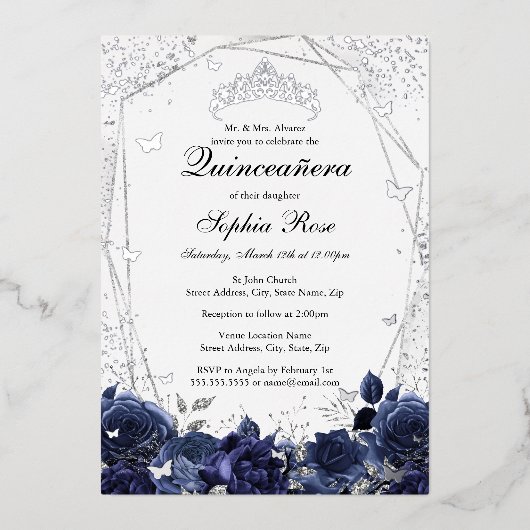 ネイビーシルバースパークルフラワーティアラキンセアニェラ 箔招待状 (正面)