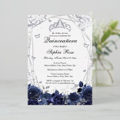 ネイビーシルバースパークルフラワーティアラキンセアニェラ 箔招待状 (立ち正面)