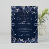 ネイビーシルバースワール結婚スクロール 箔招待状 (立ち正面)