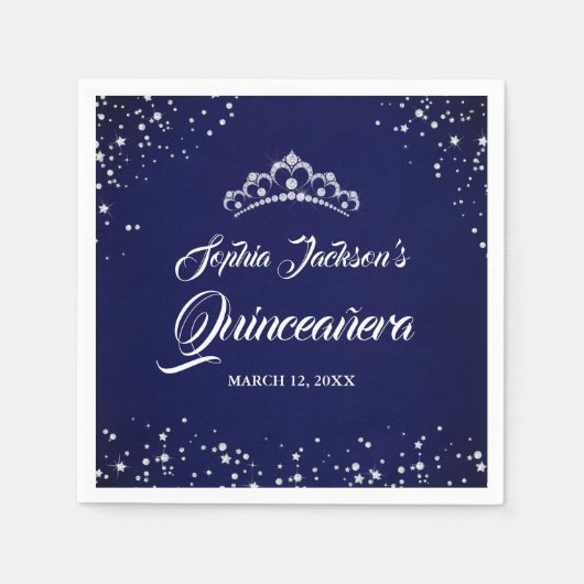 ネイビーシルバーダイヤモンドレーススパークルガウンキンセアニェラ スタンダードカクテルナプキン (正面)