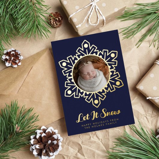 ネイビーシルバーフォイルの雪の結晶フレーム レット・イット・スノー 写真 箔シーズンカード