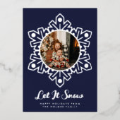 ネイビーシルバーフォイルの雪の結晶フレーム レット・イット・スノー 写真 箔シーズンカード (正面)