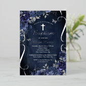 ネイビーシルバーフローラバタフライボーイバプテスマ 箔招待状 (立ち正面)