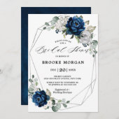 ネイビーシルバーホワイトアイボリー幾何学ブライダルシャワー 招待状 (正面/裏面)