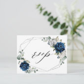 ネイビーシルバーホワイトシャンパンアイボリー幾何学的RSVP ポストカード (スタンド正面)