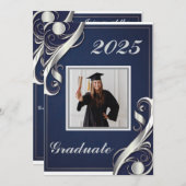 ネイビーシルバーホワイト卒業2025 招待状 (正面/裏面)