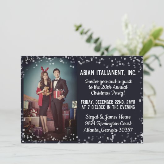 ネイビーシルバーライトフォトクリ企業のスマスパーティー 招待状 (スタンド正面)