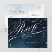 ネイビーシルバーヴィンテージ書道グラムウェディングRSVP インビテーションポストカード (正面/裏面)