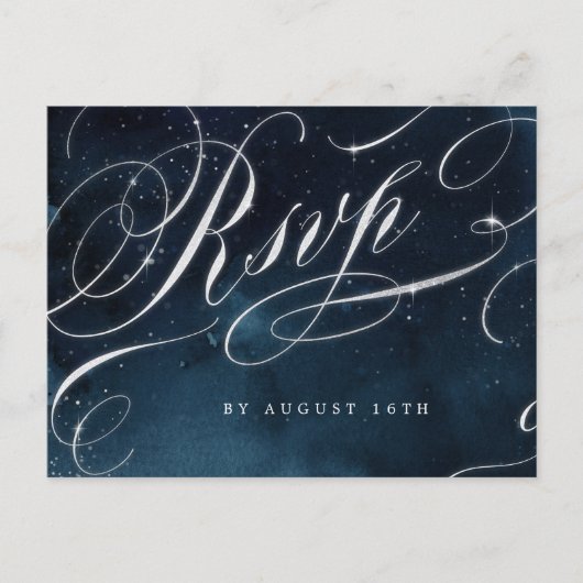 ネイビーシルバーヴィンテージ書道グラムウェディングRSVP インビテーションポストカード (正面)