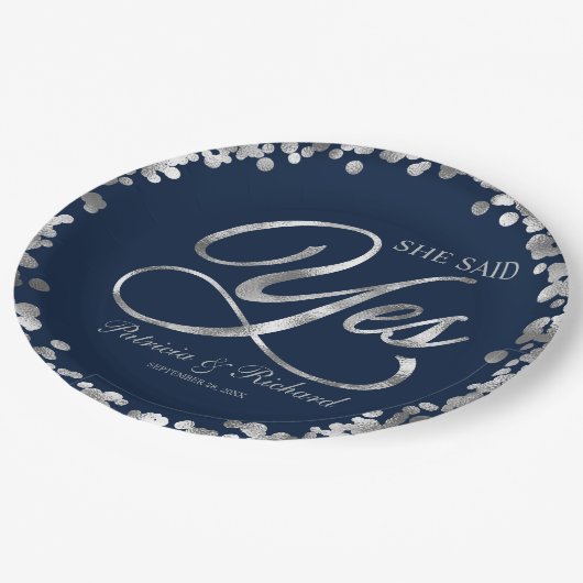 ネイビーシルバー「イエスと言った」エンゲージメントパーティー ペーパープレート (アングル)
