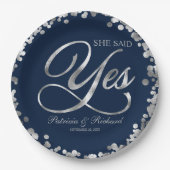 ネイビーシルバー「イエスと言った」エンゲージメントパーティー ペーパープレート (正面)