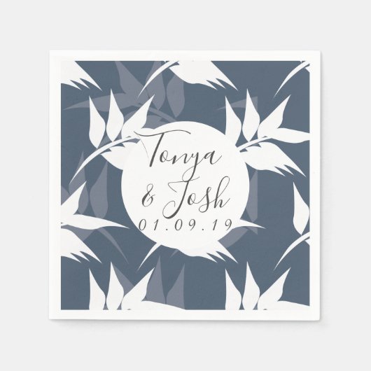 ネイビーシロウエット熱帯葉パターン スタンダードカクテルナプキン (正面)
