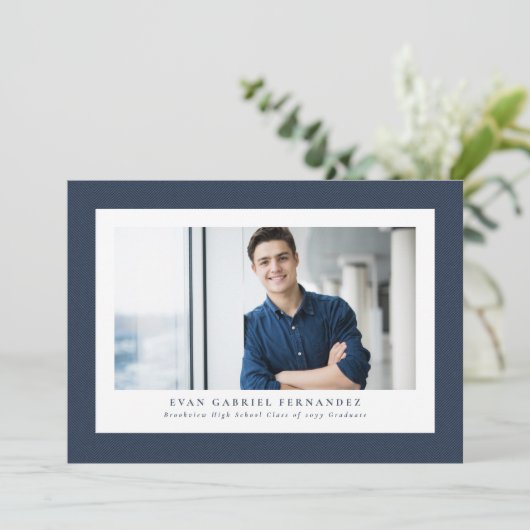 ネイビーシンプルツイード枠クラシック写真卒業 案内状 (スタンド正面)