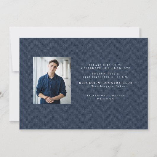 ネイビーシンプルツイード枠クラシック写真卒業 案内状 (裏面)