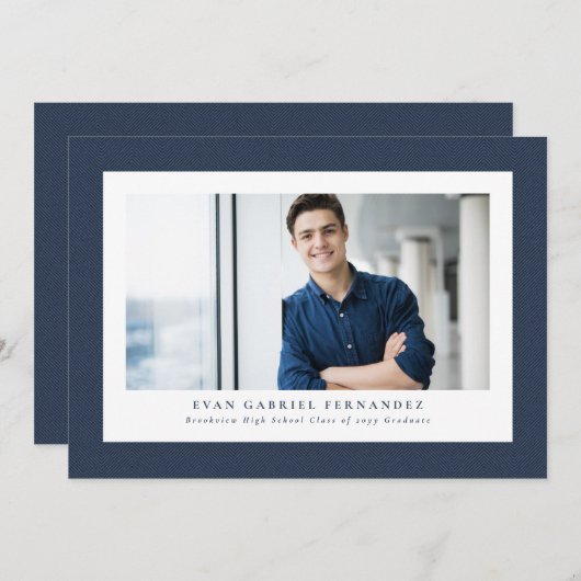 ネイビーシンプルツイード枠クラシック写真卒業 案内状 (正面/裏面)