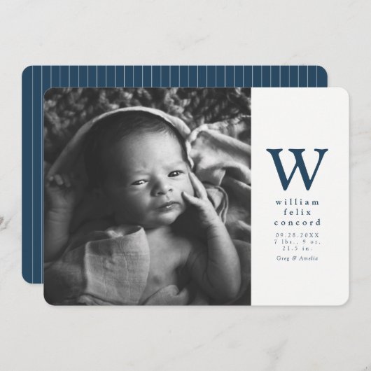 ネイビーシンプルブルーイニシャル誕生 案内状 (正面/裏面)