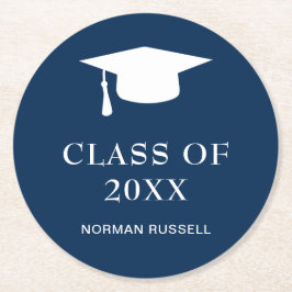 ネイビーシンプルブルークラス年男の卒業キャップ ラウンドペーパーコースター
