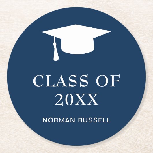 ネイビーシンプルブルークラス年男の卒業キャップ ラウンドペーパーコースター (正面)