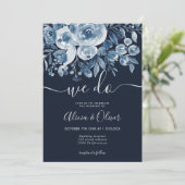 ネイビーシンプルブルーフローラフォトイニシャル結婚ズ 招待状 (スタンド正面)