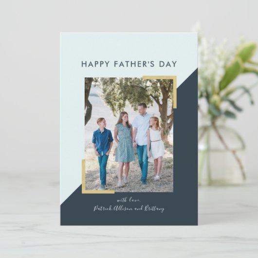 ネイビーシンプルブルーブロック写真父のデイカード 招待状 (スタンド正面)