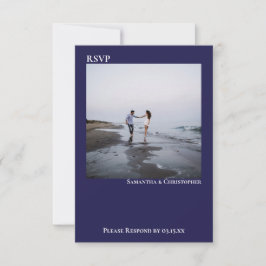 ネイビーシンプルブルーモダンミニマル結婚ラスト 出欠カード