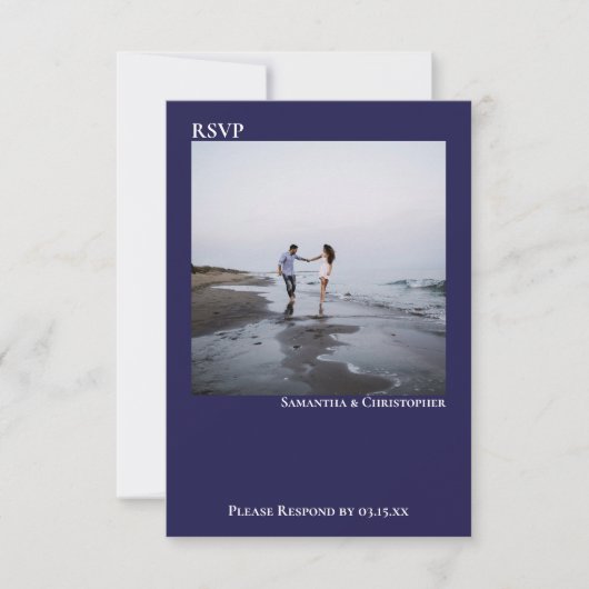 ネイビーシンプルブルーモダンミニマル結婚ラスト 出欠カード (正面)