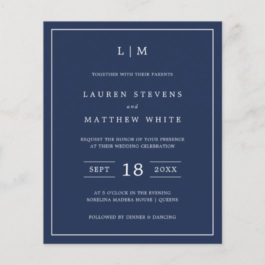 ネイビーシンプルブルーモノグラム予算結婚式の招待 (正面)