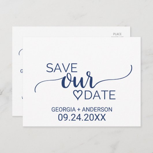 ネイビーシンプルブルー書道結婚式の日付を保存 案内ポストカード (正面/裏面)