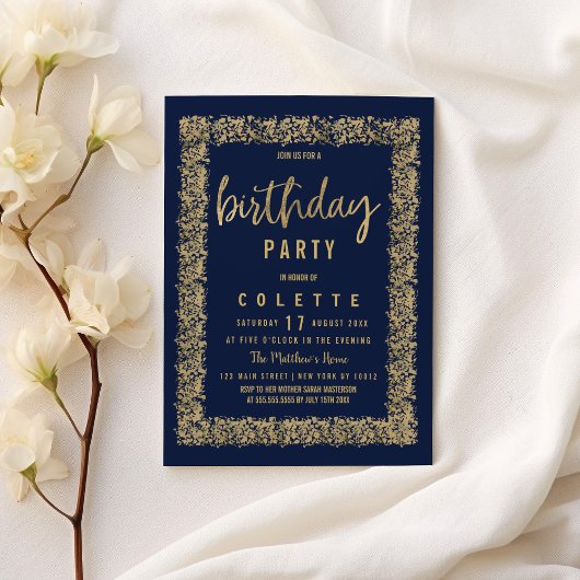 ネイビーシンプルブルー金ゴールド紙吹雪誕生会 招待状